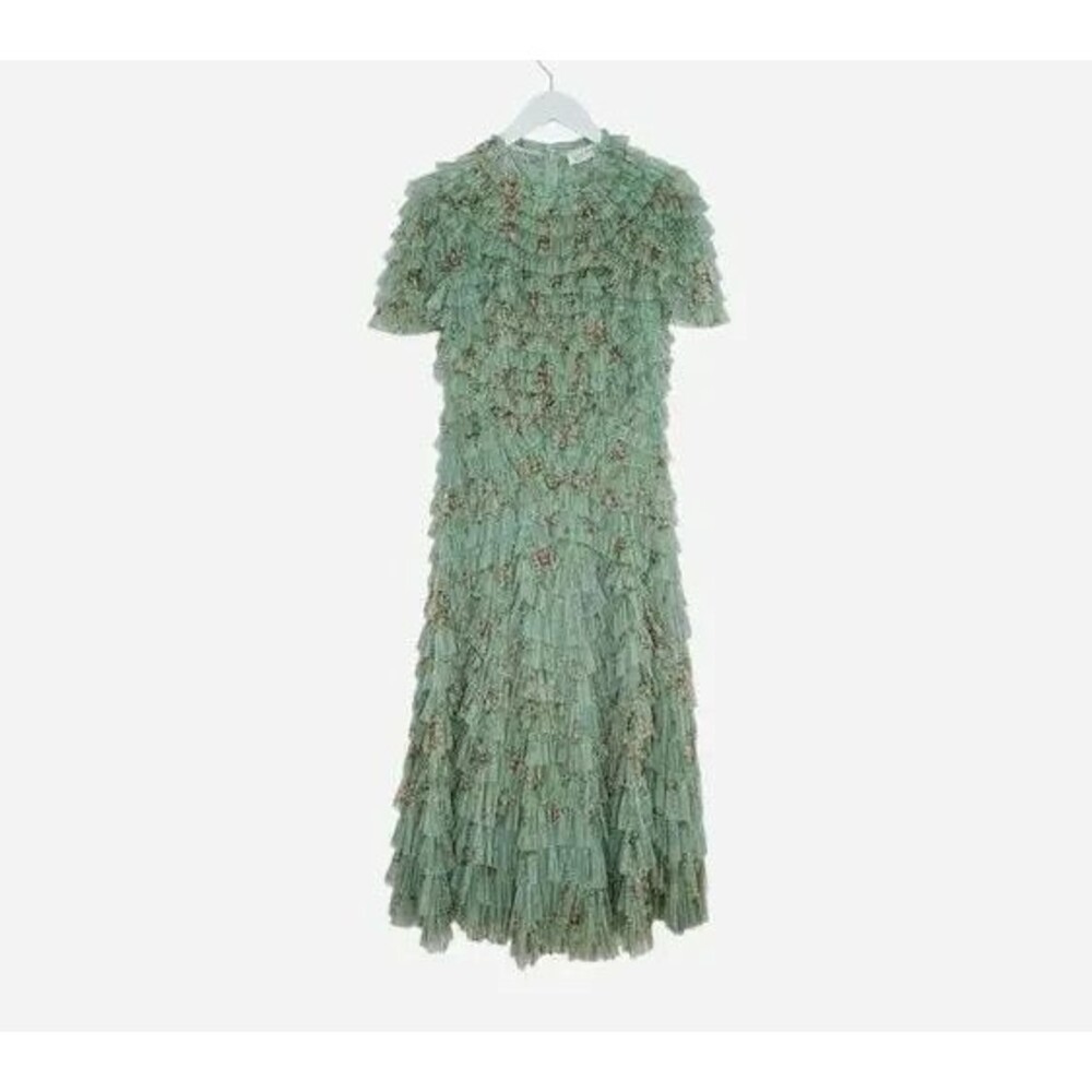 Mac Duggal 8014 Green Floral Mesh‎ Ruffle High Neck Midi Dress NWT $798 - Picture 6 of 9